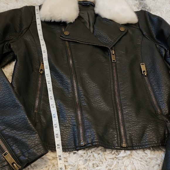 French Connection Dark Olive Faux Leather Jacket with White Fur Collar - Picture 5 of 8